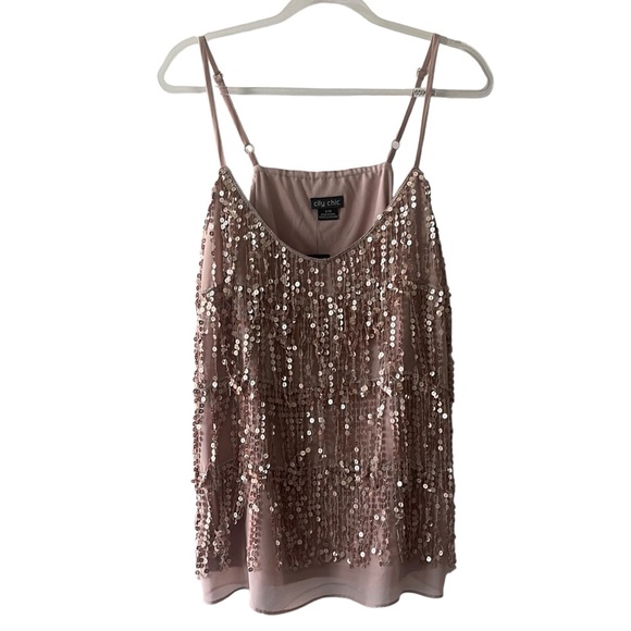 City Chic Sequined Fringe Chiffon Spaghetti Strap Top Mocha Size 16 - Picture 7 of 7